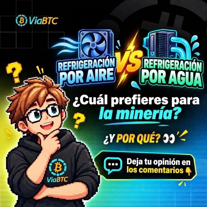 A ViaBTC promotional graphic comparing air cooling vs water cooling for mining, featuring a cartoon character and the text 'REFRIGERACIÓN POR AIRE VS REFRIGERACIÓN POR AGUA' and '¿Cuál prefieres para la minería?'
