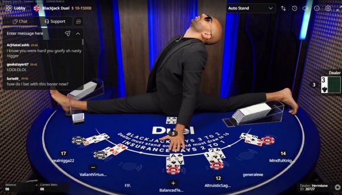 A live online blackjack stream titled "Lobby - blackjack Duel $ 10-15000" showing a dealer doing a split on a blue table, with chat messages visible on the left.