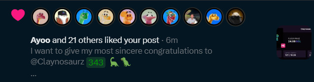 A social media post notification showing Ayoo and 21 others liked a post congratulating @Claynosaurz 343 with dinosaur emojis.
