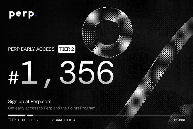 A promotional graphic for 'perp.' showing early access rank '#1,356' at Tier 2, with tier progress bars (1K, 3,000, 10,000) and signup information at Perp.com.
