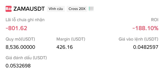 Binance crypto trading interface displaying ZAMAUSDT perpetual contract with an unrealized loss of -801.62 USDT (ROI -188.10%), showing volume of 8,536 USDT and entry price of 0.0482597.