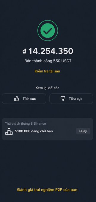 A dark interface screen in Vietnamese shows a successful trade of 550 USDT totaling ₫ 14.254.350, with options to rate the P2P partner.