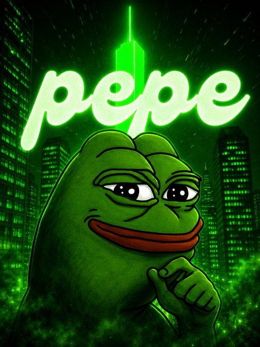 The image features the iconic Pepe the Frog in a contemplative pose, set against a glowing green cyberpunk cityscape with a neon "pepe" sign and the word "PEPE" prominently displayed above, perfectly matching the post's promotion of the $PEPE memecoin on Solana with a call at $2.07k market cap.
