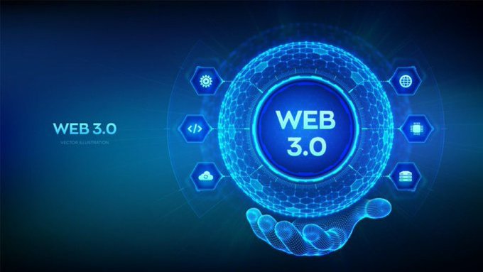 A futuristic blue graphic illustrates 'WEB 3.0' inside a glowing sphere held by a digital hand, surrounded by hexagonal icons representing various technologies.