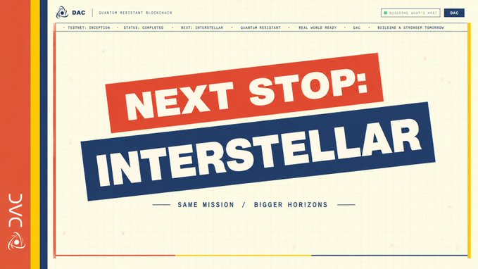 A website banner announces 'NEXT STOP: INTERSTELLAR' with the tagline 'SAME MISSION / BIGGER HORIZONS' for Quantum Resistant blockchain.