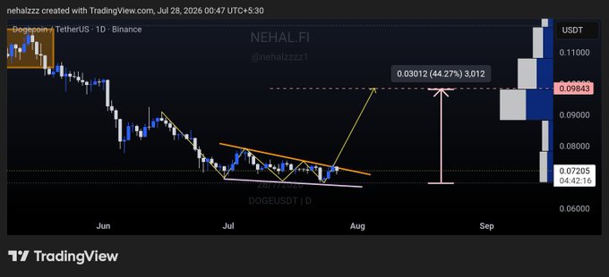 A TradingView chart by "nehalzzz" showing DOGE/USDT on Binance over June–September 2026, featuring a falling wedge pattern in orange with price targets marked at 0.07205 (+44.27%) and 0.09843, illustrating the bullish breakout setup the post describes.