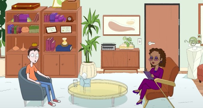 An animated cartoon scene of a man in an orange shirt sitting in a gray armchair facing a woman with curly hair in a purple outfit who is seated in an orange chair taking notes on a clipboard.