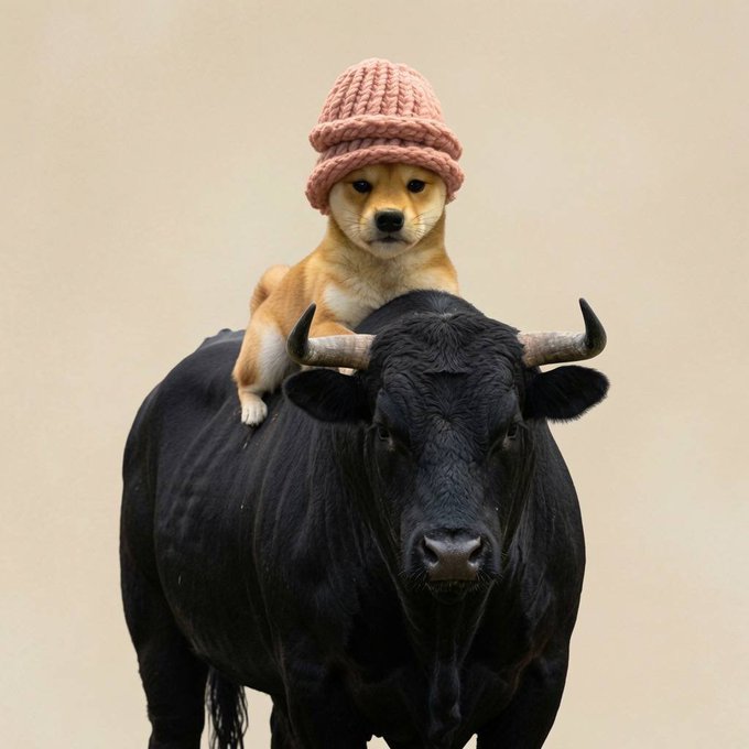 A small tan puppy wearing a pink knit hat sits atop a black bull with prominent horns against a beige background. The image plays on the "$WIF2" meme campaign, using the unexpected pairing of a dog in a hat riding a bull as a whimsical mascot for the "second chance" token, with the playful promise that "this time we're getting the sphere."