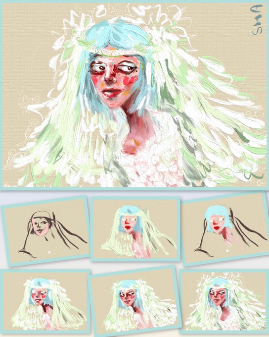 A digital artwork featuring a figure with blue hair and a feathered headdress, displayed in a large version above six smaller thumbnails showing variations of the character.