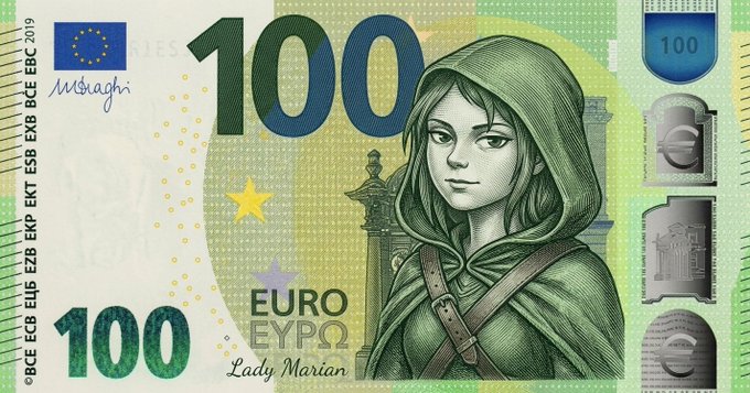 A €100 banknote features an illustrated portrait of "Lady Marian" in a green hooded cloak, with the EU flag, ECB initials, and "EURO ΕΥΡΩ" text. The image ties into "Robinhood's first currency" by depicting Lady Marian, the iconic figure from the Robin Hood legend, as the face of the bill.