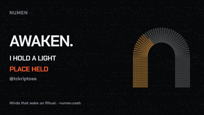 A dark promotional graphic for 'NUMEN' featuring an archway design made of golden and gray blocks, with the text 'AWAKEN. I HOLD A LIGHT PLACE HELD' and 'n'.