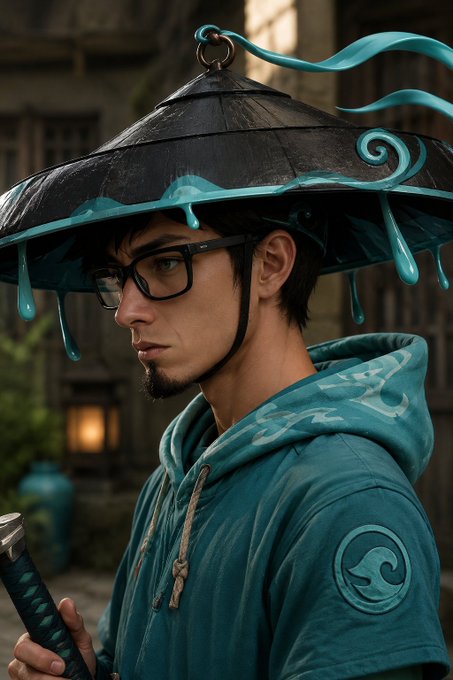 A man wearing a teal hoodie and a wide black hat with teal liquid dripping from its edges, holding a sword with a blue-wrapped hilt.