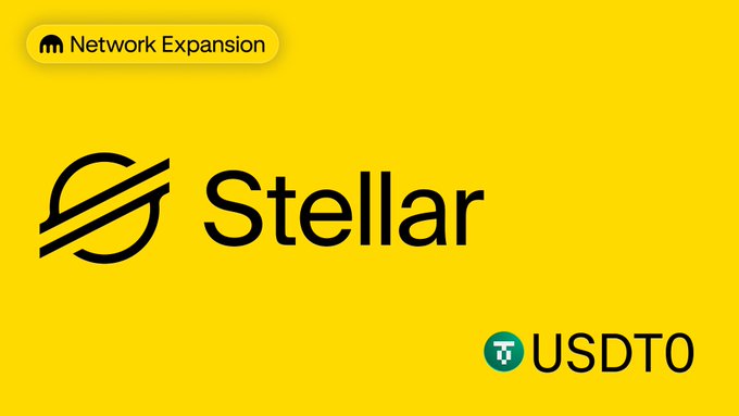 A yellow promotional graphic for 'Stellar' cryptocurrency features the 'Network Expansion' tag and a USDT logo, indicating a token integration announcement.