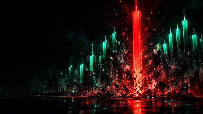 A dramatic digital artwork depicts a glowing red skyscraper exploding at the center of a dark cityscape, with teal-lit high-rises and shattered debris radiating outward—visually echoing the catastrophic Oct 10 crypto market crash where $19B was liquidated and BTC plunged from $122K to $102K, shattering leveraged long positions across 1.6M accounts.