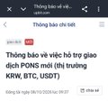 A Vietnamese news screenshot showing an article titled 'Thông báo về việc hỗ trợ giao dịch PONS mới (thị trường KRW, BTC, USDT)' dated 26/10/2024.