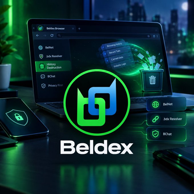 A promotional image for 'Beldex Browser' featuring its green and blue logo, showing a laptop screen with privacy features like BelNet, .bdx Resolver, History Destruction, BChat, and Privacy First.