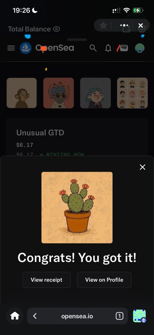 OpenSea mobile interface displaying a purchase confirmation 'Congrats! You got it!' for an 'Unusual GTD' NFT featuring a potted cactus illustration, priced at $6.17.