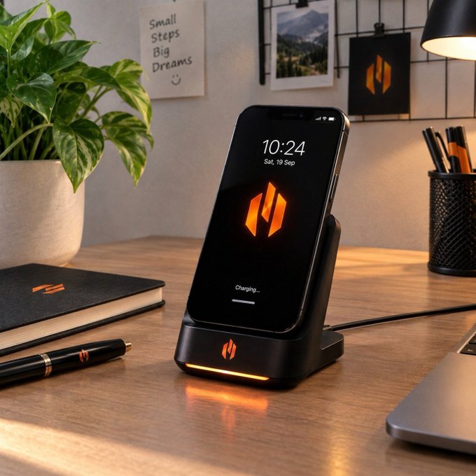 A modern smartphone sits on a sleek wireless charging dock displaying the LETS BURN branding with "10:24 Sat, 19 Sep" on its lock screen, alongside a black notebook and pen on a warm-lit wooden desk. The image reinforces the post's message of innovation and building the future, visually pairing cutting-edge technology with the bold, forward-thinking mindset embodied by the LETS BURN brand.