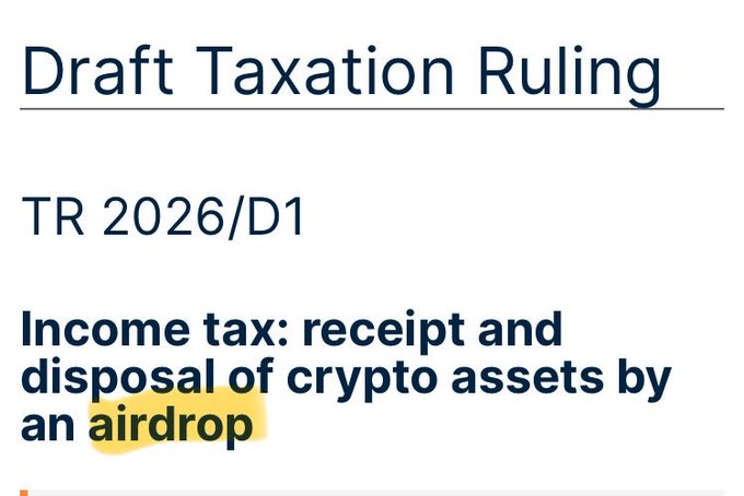 Draft Taxation Ruling document titled "TR 2026/D1: Income tax: receipt and disposal of crypto assets by an airdrop," with the word "airdrop" highlighted in yellow.