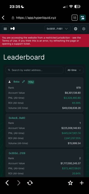 A screenshot of the Hyperliquid.xyz leaderboard displays user "Boba" ranked 979th with an account value of $8,301,138.80, an all-time PNL of $3,328,460.80, and an ROI of 65.59%, matching the post's claim of breaking into the top 1000 by PnL from a mobile device.
