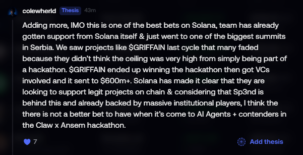 The image shows a Discord post from user "colewherld" in the "Thesis" channel, discussing investments in Solana projects, specifically highlighting the $GRIFFAIN token, which won a hackathon and sent investors to $600M valuations. The caption "$MADE to millions" suggests this $GRIFFAIN investment significantly multiplied the poster's initial investment.