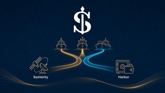 A graphic with a dark blue background showing a stylized 'S' logo above three ships, with icons labeled 'SeaVerity' (a satellite) and 'Harbor' (a wallet) connected by glowing lines.