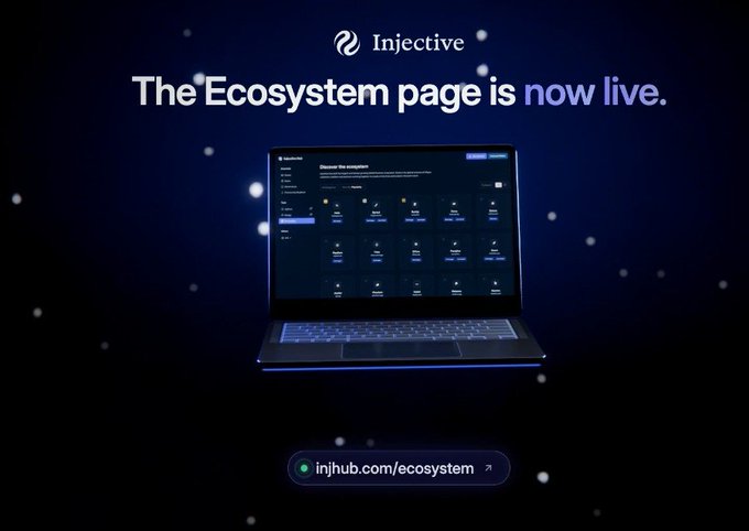 Promotional image for Injective announcing 'The Ecosystem page is now live,' showing a laptop displaying an ecosystem interface with the URL 'injhub.com/ecosystem' against a starry dark blue background.
