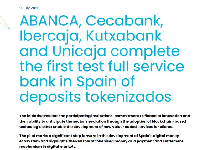 A news announcement dated 9 July 2026 reports that ABANCA, Cecabank, Ibercaja, Kutxabank, and Unicaja have completed Spain's first full-service bank test of tokenized deposits, marking a milestone in the country's digital money ecosystem. This initiative aligns with the $HBAR ticker mentioned, as tokenized deposits rely on blockchain-based distributed ledger technology—the kind of enterprise-grade infrastructure that Hedera (HBAR) provides to financial institutions.