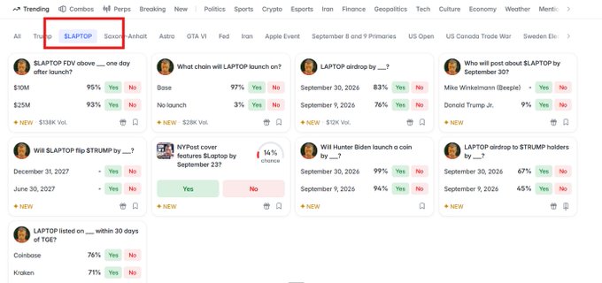 A prediction-market search page for “$LAPTOP” displays questions about its possible Base-chain launch, FDV, FDV above $10M, market capitalization, and listing dates.