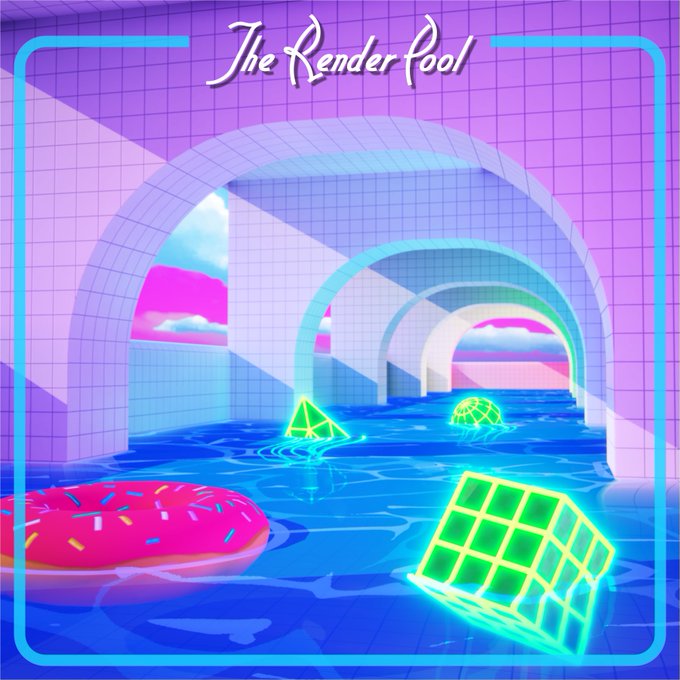 A retro 3D-style digital illustration titled 'The Render Pool' depicting a tiled pool with arches, featuring neon geometric shapes and a pink frosted donut floating on the water.