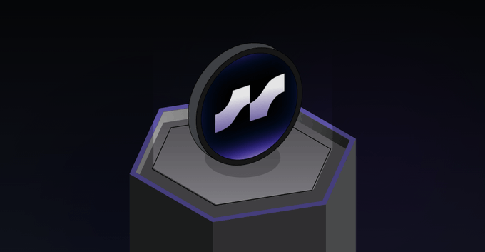 A dark, sleek 3D illustration shows a hexagonal podium or pedestal with a purple-edged top, on which rests a circular emblem featuring a stylized white "M"-like logo against a deep blue gradient background. The minimalist, futuristic design visually represents the launch of a trading competition hosted on Layer3 in partnership with Veranta, symbolizing a prize or achievement awaiting the highest-volume trader over the 10-day event.