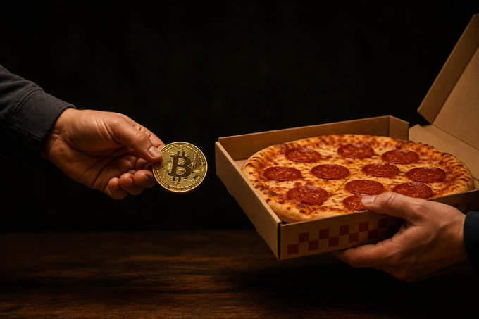 A hand holding a physical Bitcoin exchanges it for a pepperoni pizza in a delivery box, symbolizing the historic 2010 Bitcoin Pizza Day when 10,000 BTC (now worth ~$600 million) were famously traded for two pizzas.