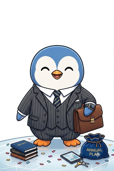 A cartoon illustration of a happy penguin dressed in a pinstripe business suit and tie, holding a brown briefcase, standing near books labeled 'REPORTS' and a bag of 'ANNUAL PLAN'.