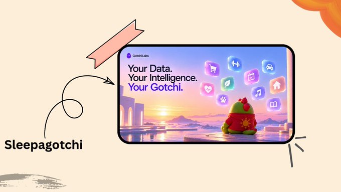 A slide presentation showing 'Sleepagotchi' with an arrow pointing to a screenshot of a Gotchi Labs promotional image reading 'Your Data. Your Intelligence. Your Gotchi.'
