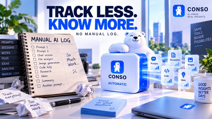 A promotional graphic for "CONSO" AI usage insights featuring a white polar bear mascot emerging from a device, with a cluttered manual AI log notebook on the left and the slogan "TRACK LESS. KNOW MORE. NO MANUAL LOG."