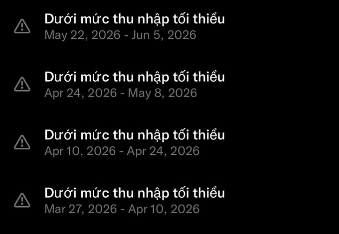 A dark-themed notification list showing four repeated alerts in Vietnamese reading 'Dưới mức thu nhập tối thiểu' (Below minimum income) with date ranges from March to June 2026, each accompanied by a warning triangle icon.