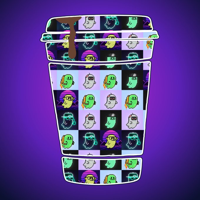 A cup of coffee illustration on a purple background, featuring a checkered design with cute pixel art ghost and slime characters in various colors.