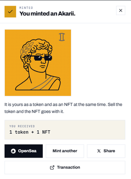 The image shows an OpenSea minting confirmation notification displaying "You minted an Akari" with a yellow portrait-style NFT illustration of a figure wearing sunglasses, labeled as "1 token + 1 NFT" received. The caption relates to the post announcing that Max minted 2 Akarii tokens via @akadotfun, with this image capturing the successful mint transaction of one Akari NFT before trading opens.