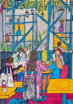 A colorful, stylized illustration depicts patrons sitting at wooden tables inside a bright cafe or restaurant with large windows and potted plants on shelves.