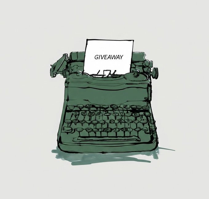 A green-toned digital sketch of a vintage typewriter ejects a piece of paper that reads 'GIVEAWAY' in bold black letters.