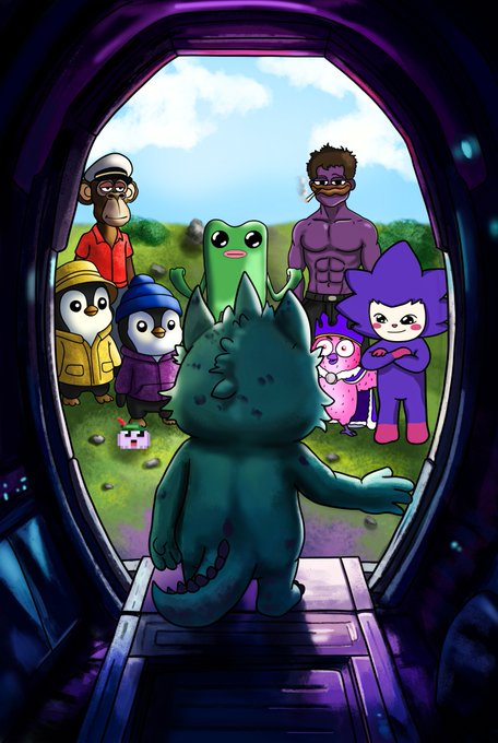 An illustration shows a small green creature looking out from an aircraft door at a group of cartoon characters, including penguins, a frog, and a muscular man, standing in a grassy field.
