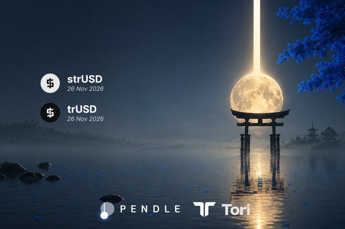 An atmospheric night scene with a glowing moon behind a torii gate in water, overlaid with text 'strUSD 26 Nov 2026', 'trUSD 26 Nov 2026', and logos for PENDLE and Tori.