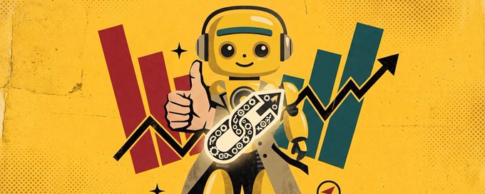 A stylized illustration depicts a yellow robot mascot wearing headphones and giving a thumbs-up, surrounded by red and green bar graphs, upward arrows, and a chain link symbol on a yellow textured background.