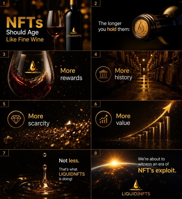 The image features an advertisement for NFTs, with six different images showcasing various aspects of NFTs. The first image shows a wine glass filled with red wine, while the second image displays a bottle of wine. The third image depicts a building or room, and the fourth image showcases a coin collection. The fifth image is a close-up of a diamond, and the final image features an arrow pointing to the bottom right corner of the post.