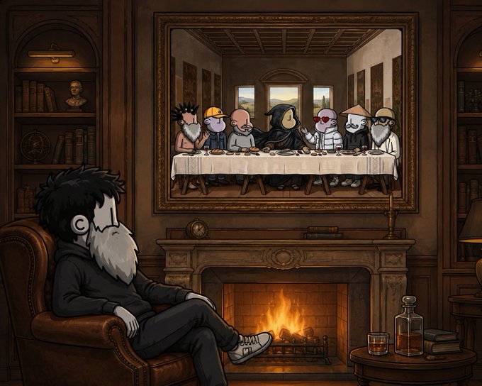 Illustration of a bearded hooded figure relaxing in a leather armchair by a fireplace, gazing at a framed Last Supper-style painting depicting various cartoon crypto/Web3 characters gathered around a table.