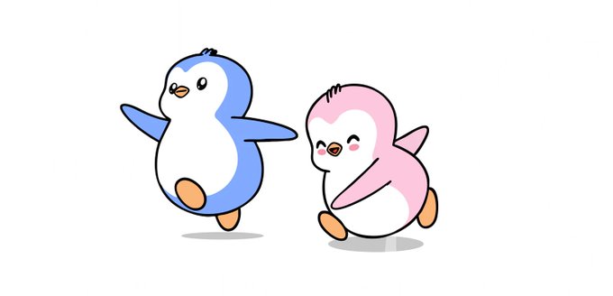 Illustration of two cute cartoon penguins, one blue and white and the other pink and white, dancing or posing together.