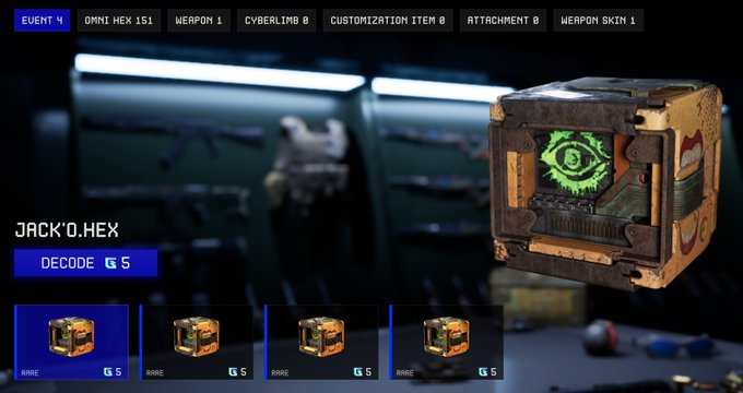 A video game interface shows a 'JACK'O.HEX' customization item with a 'DECODE 5' option, featuring a metallic cube with a green eye symbol in a dark armory setting.
