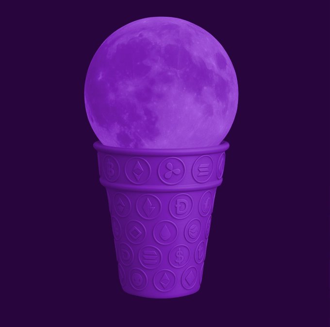 A purple ice cream cone topped with a glowing moon-like sphere, with the cone decorated in embossed cryptocurrency coin symbols (including Ethereum's diamond, XRP, and Dollar signs) on a dark purple background, creatively representing the "flavor" options of BTC, ETH, and USDT mentioned in the post.