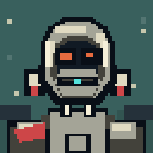 A pixel art illustration of a robot with glowing red eyes and a small blue mouth, wearing a hooded outfit with a red stripe on its shoulder, set against a dark teal background. The image visually represents the "Robo Brokers" theme mentioned in the post, aligning with the $ROBO token and NFT concepts discussed.