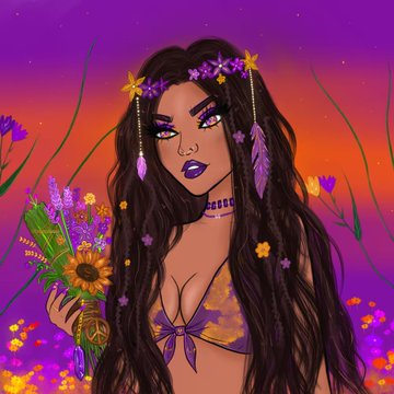 A vibrant digital illustration of a dark-haired woman with purple eyeshadow and a floral crown, wearing a colorful bikini top and holding a bouquet of wildflowers against a sunset backdrop.